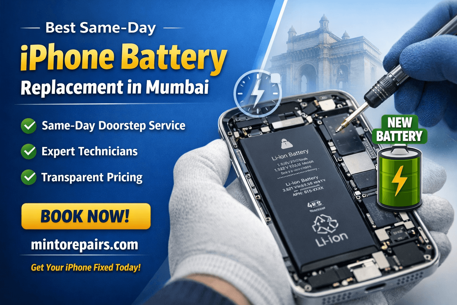 Same-day iPhone battery replacement service in Mumbai by Minto Repairs with expert technician installing new battery at doorstep