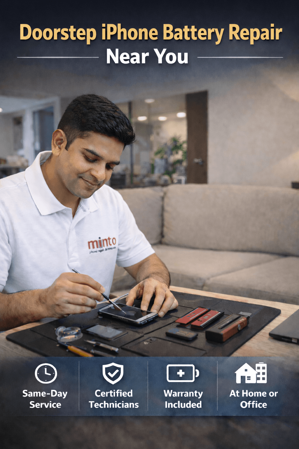 Technician performing doorstep iPhone battery replacement at a customer’s home with professional tools and same-day repair service.