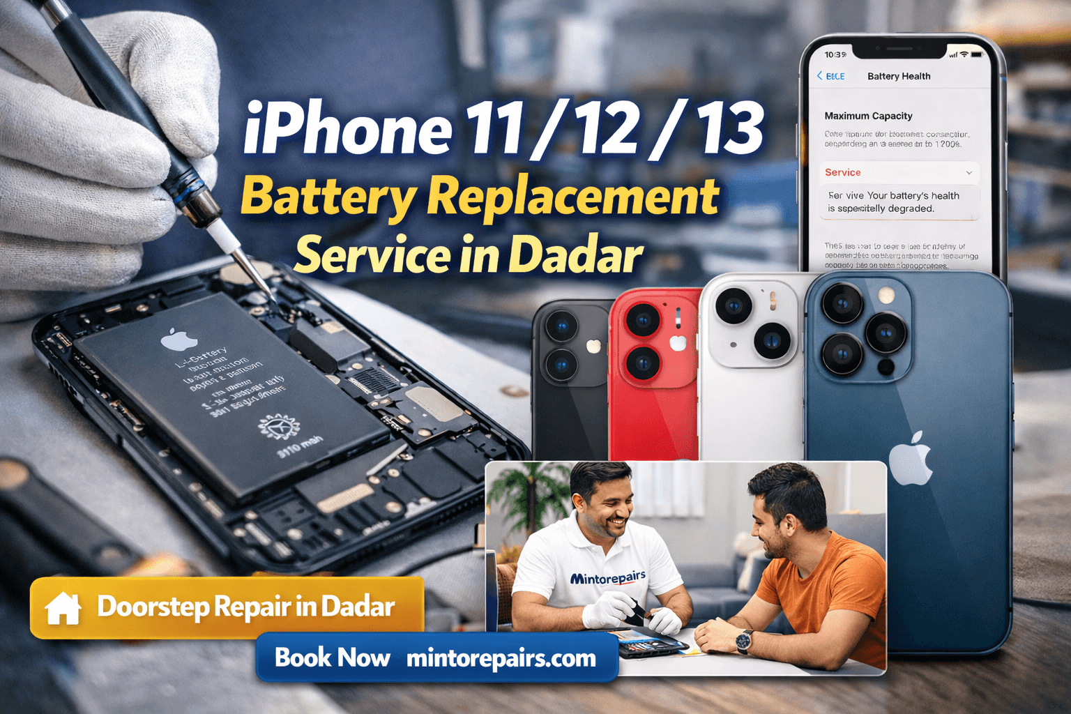 Mintorepairs technician in white T-shirt with printed logo replacing iPhone 11, 12, and 13 battery at customer doorstep in Dadar Mumbai.