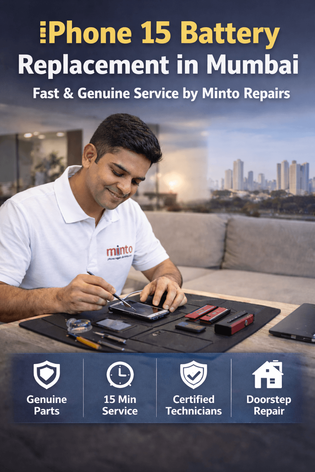 Technician performing iPhone 15 battery replacement at home in Mumbai with professional tools and genuine parts service.